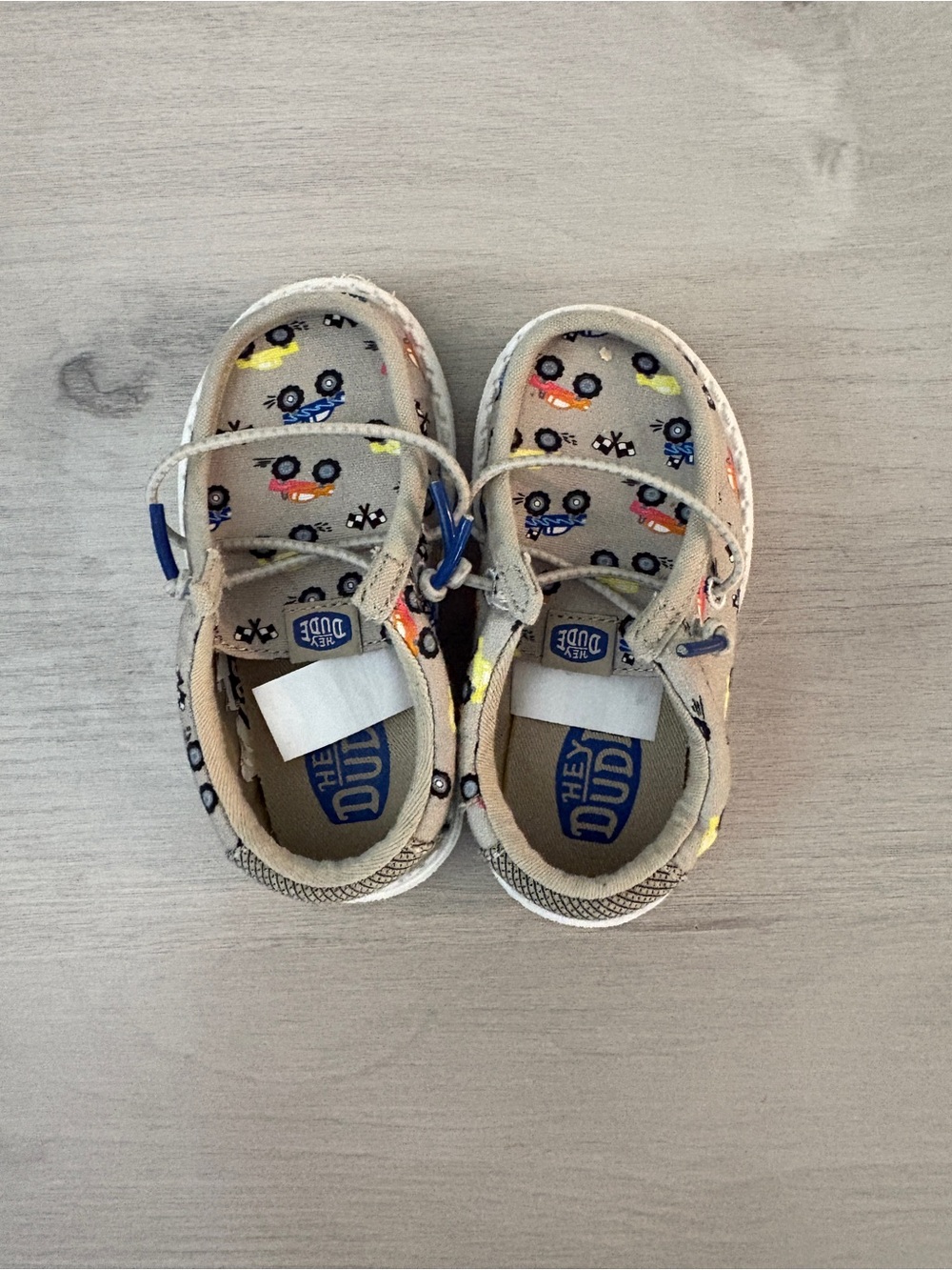 Hey Dude Kids Beige Slip-On Shoes with Colorful Car Print